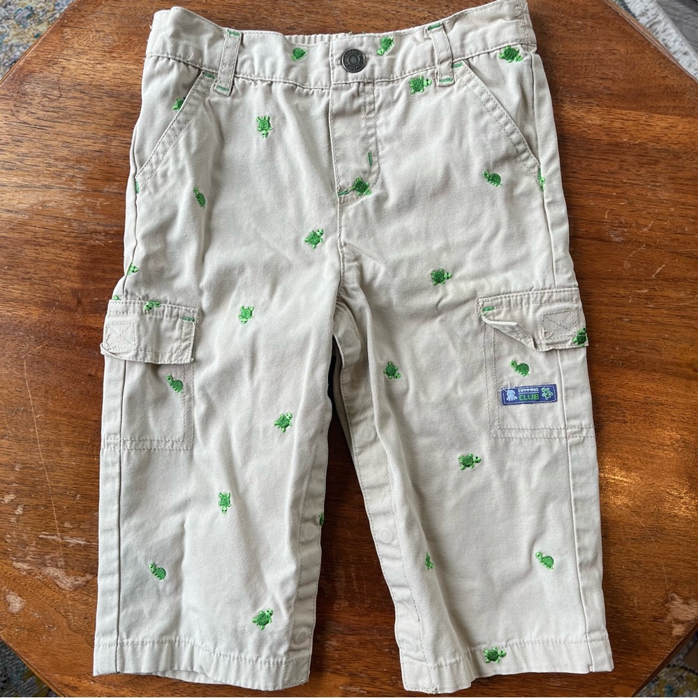 Y2K Carter’s 18M Baby Boy Khaki Cargo Pants with Embroidered Turtles Print vtg